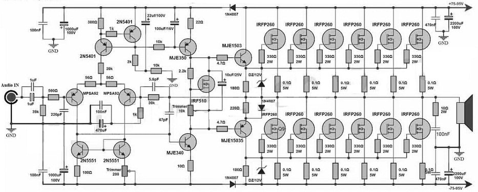 1000Watts MOSFET Amplifier Circuit with MOSFETs