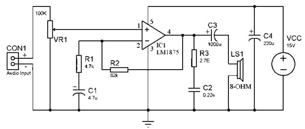 10W Audio Amplifier Volume Control Circuit with LM1875 IC