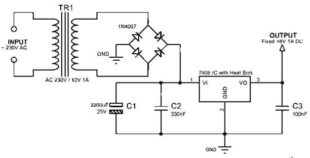 230V 1A to 8V 1A Conversion Circuit with LM7808 IC