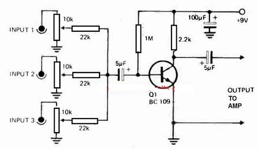 Audio Mixer Circuit with BC109 Transistor