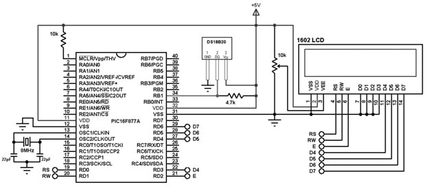 PIC16F877A Interfacing with DS18B20 Temperature Sensor